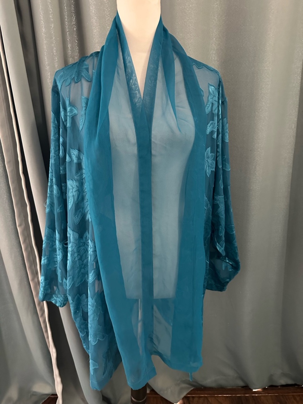 Vintage Victorias Secret Teal Sheer Floral Lace Kimono Robe Cover Up Medium